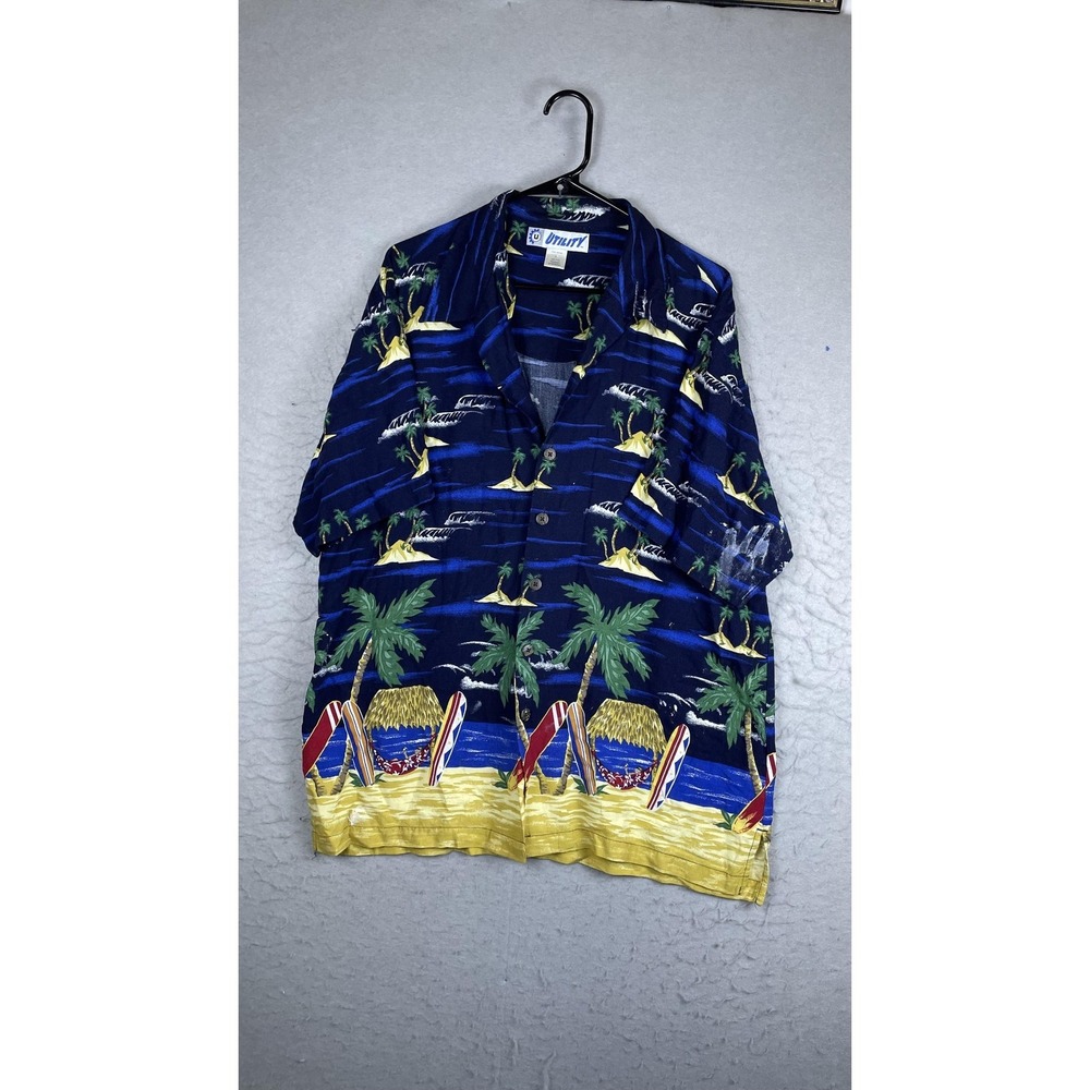 Utility Shirt Mens Large Blue Hawaiian Beach Short Sleeve Button Front